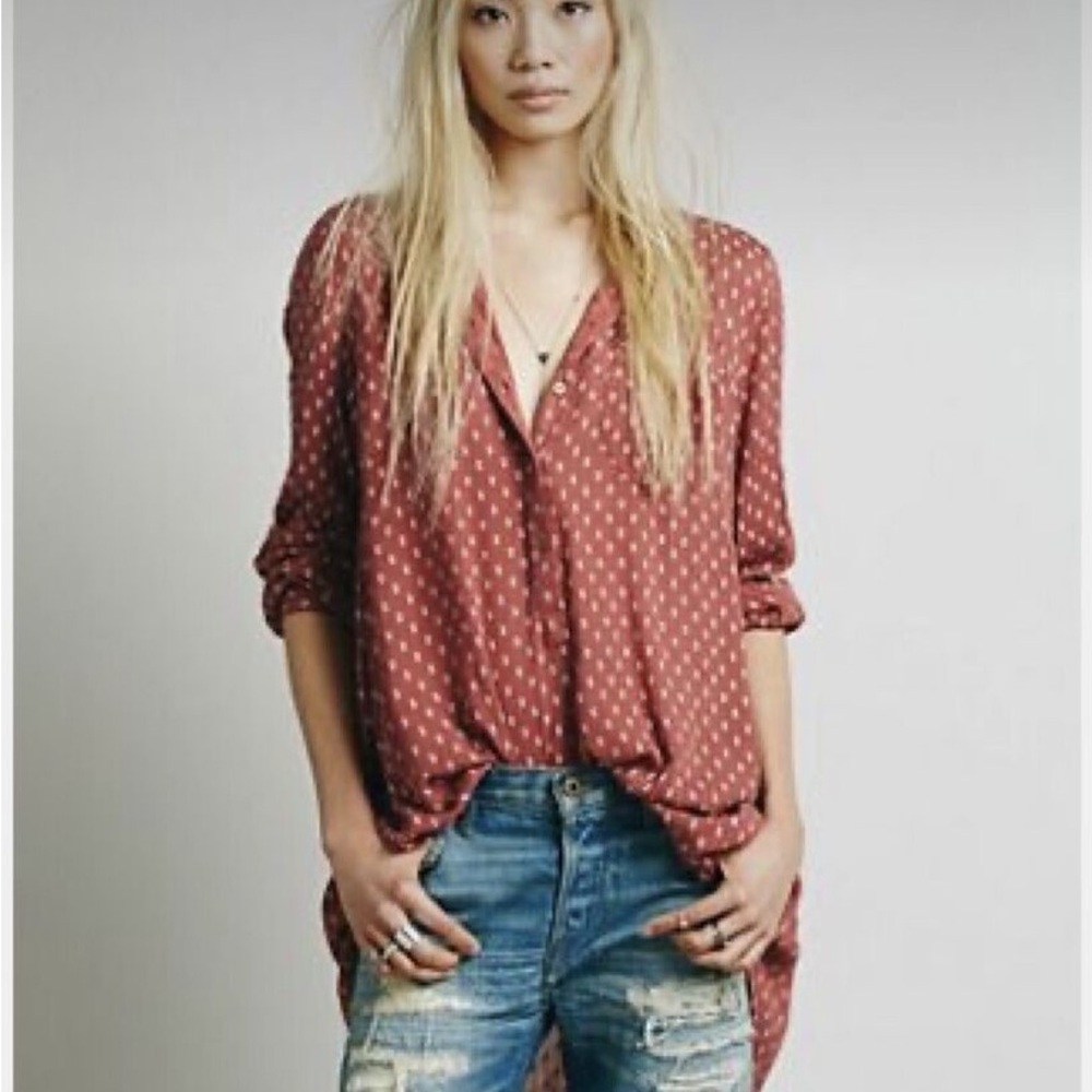 Free People Printed Deep V Button Front‎ Hi Lo Boyfriend Shirt